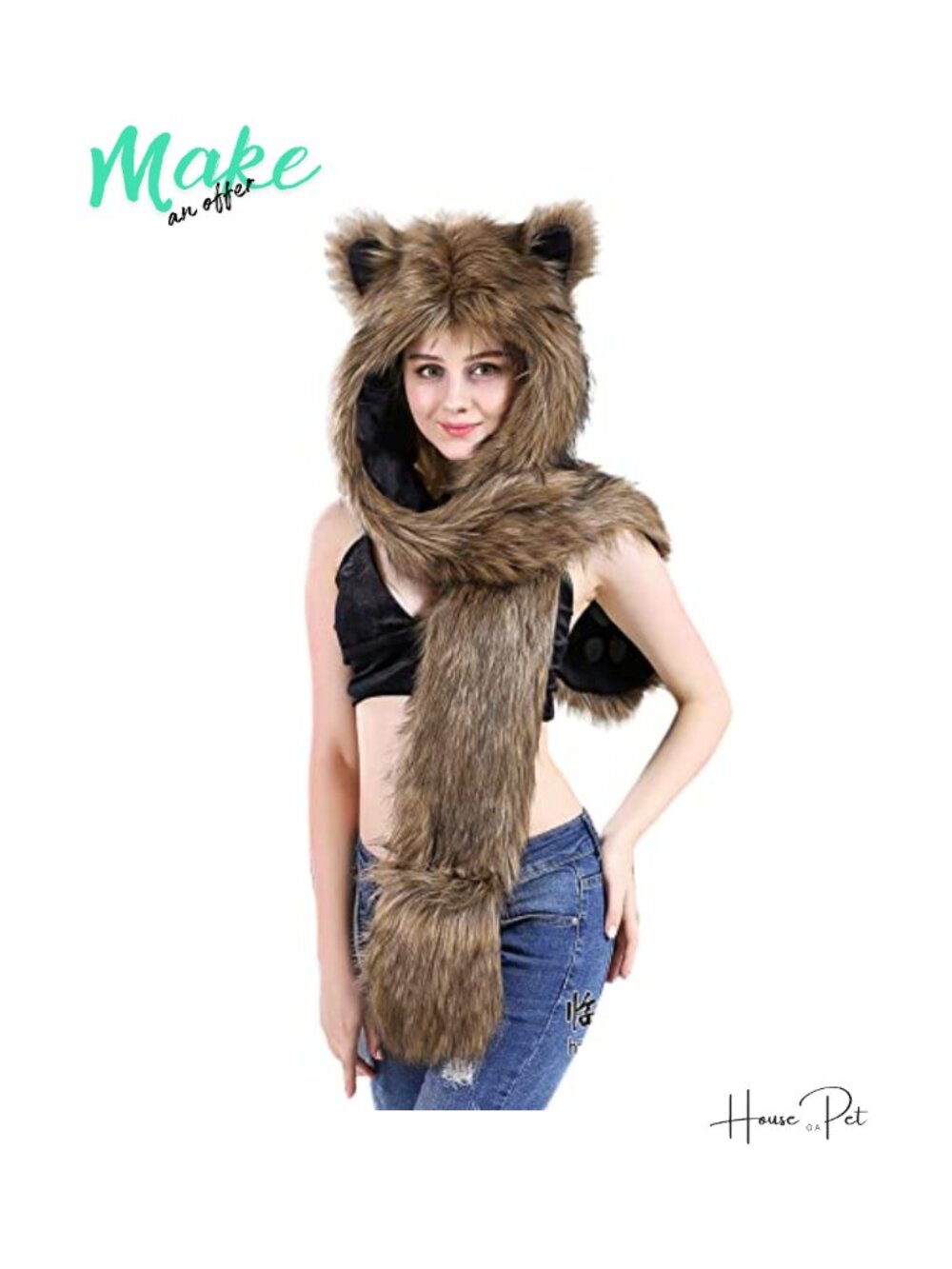 Faux Fur Plush Animal Hood Hat 3-in-1 Earflaps Scarf Mitten Gloves Winter